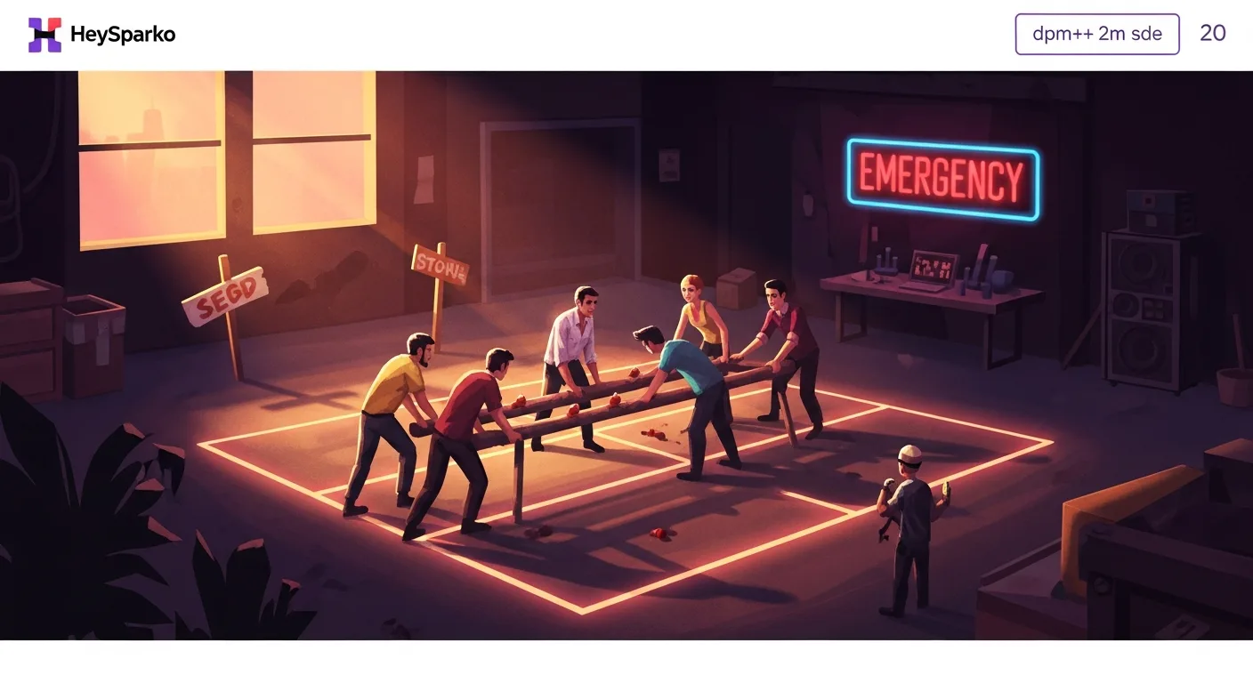 Neon-lit stylized emergency scene depicting a team responding to a crisis