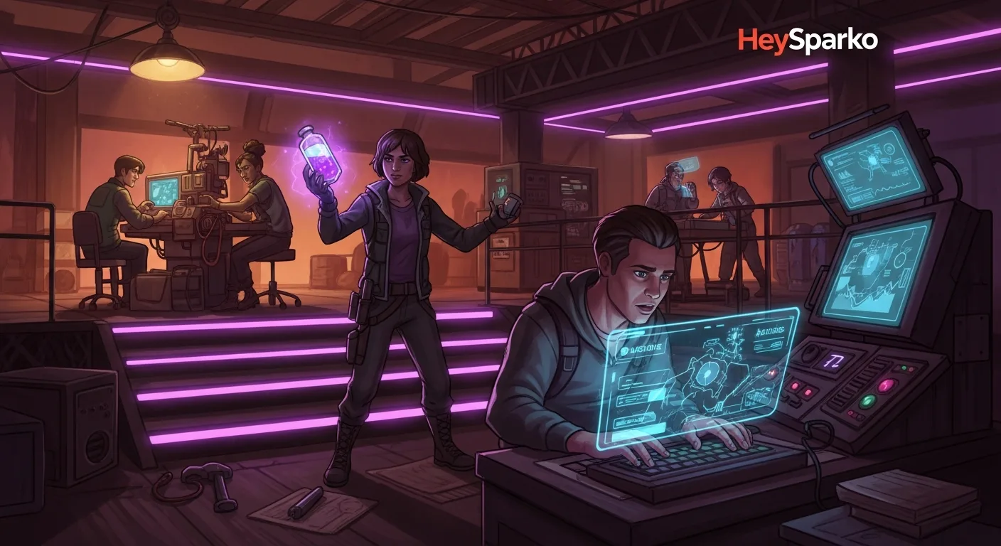 A stylized post-apocalyptic game scene, neon atmosphere