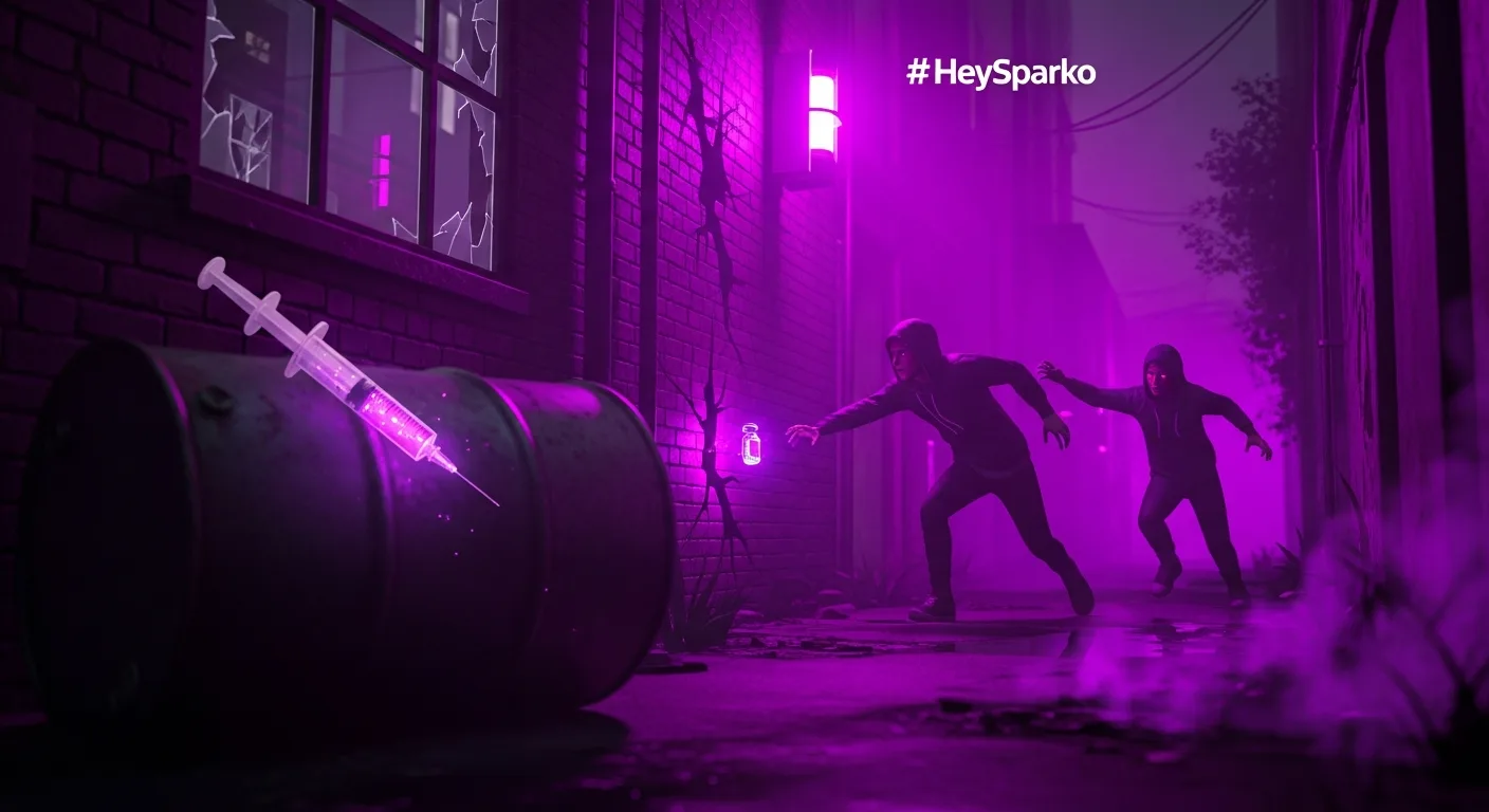 Stylized game scene depicting a post-apocalyptic vaccine race, neon-lit emergency atmosphere, cinematic composition without graphic content
