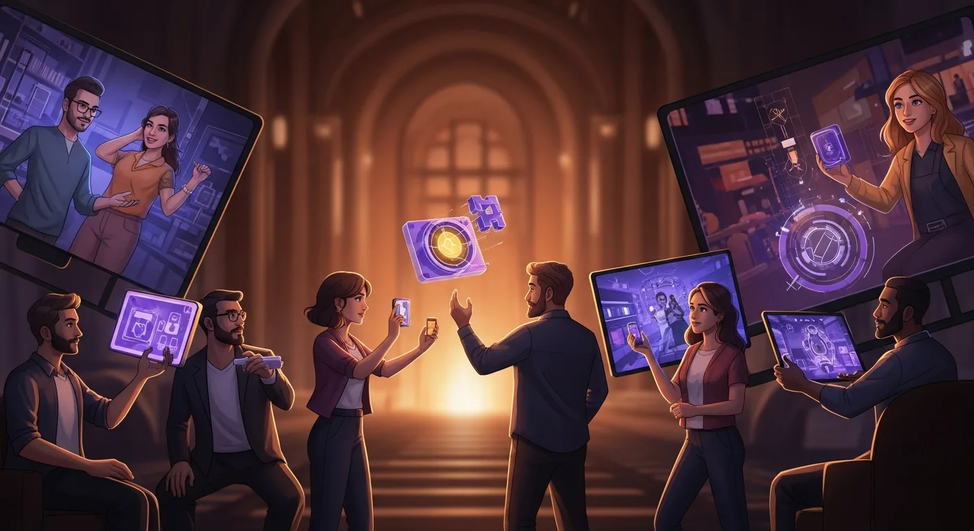 Abstract spatial composition suggesting global teamwork across distance, with glowing connection nodes arcing between continent silhouettes