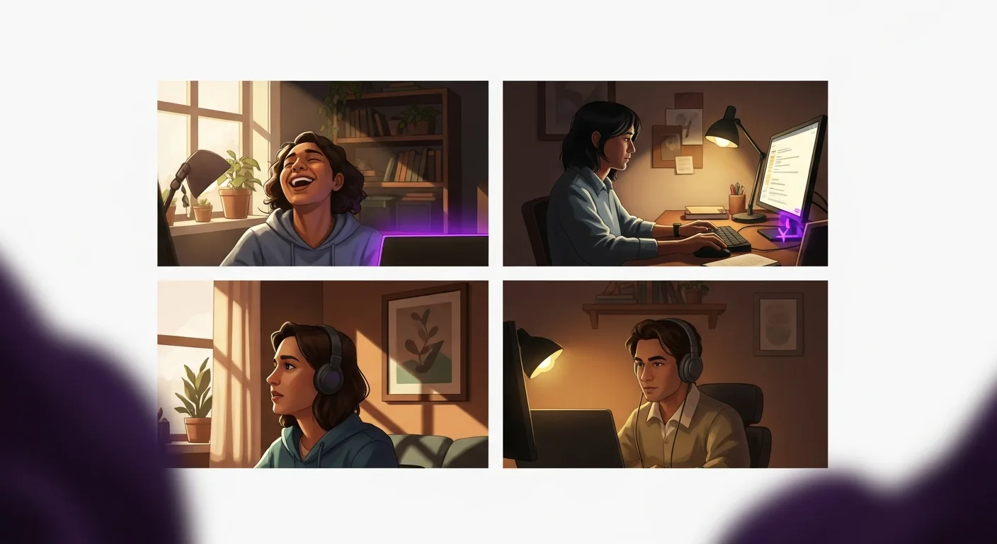 Remote professionals on a video call, mid-laughter and engaged in a virtual team game