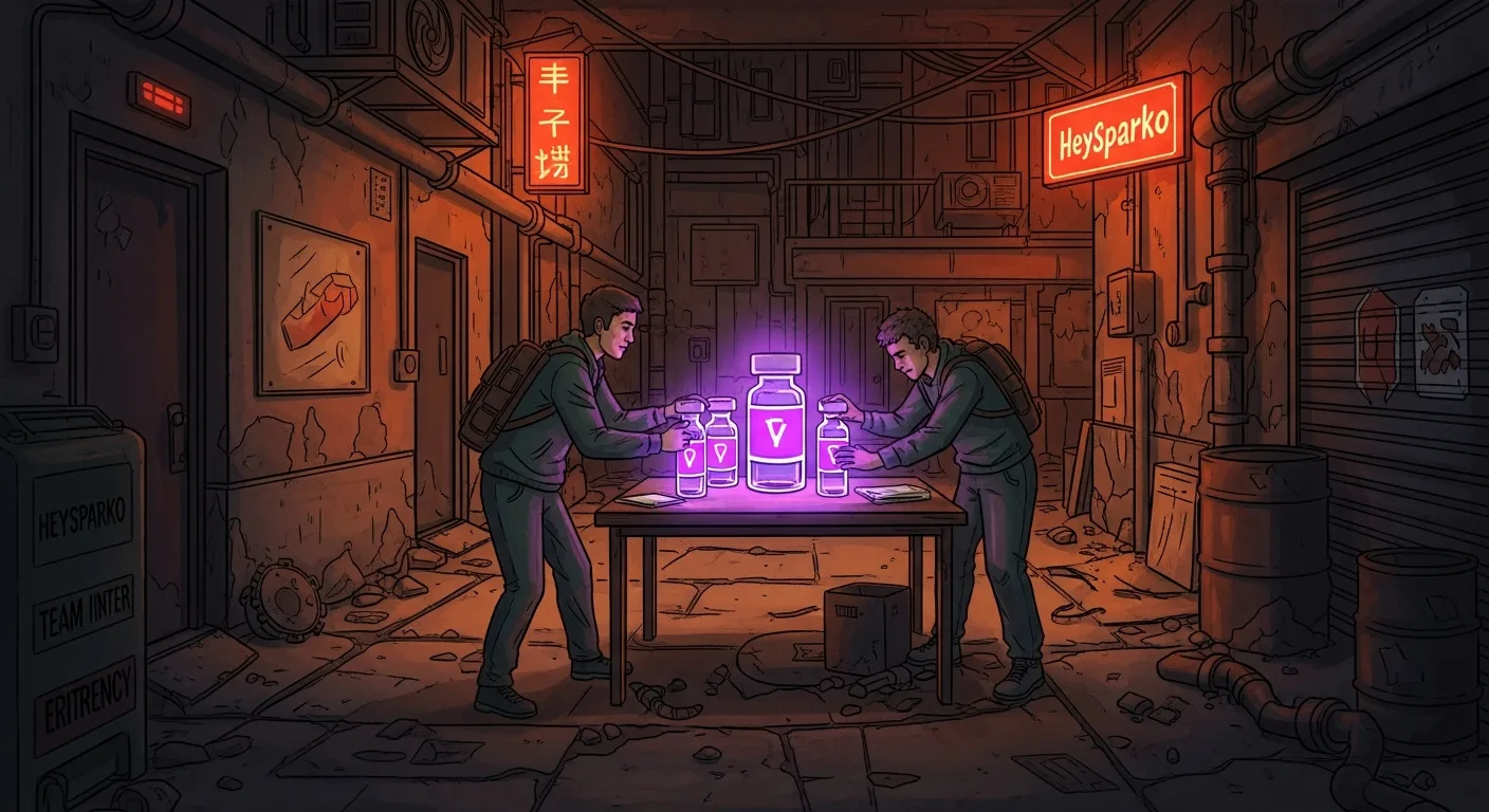 A stylized post-apocalyptic vaccine race scene with neon-lit emergency atmosphere