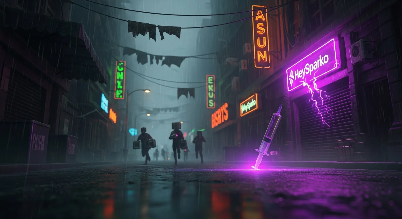 Stylized post-apocalyptic team-building scene with neon-lit emergency atmosphere