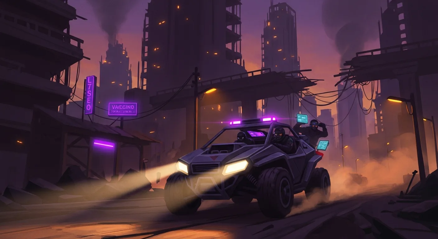 Stylized post-apocalyptic team-building scene with neon-lit emergency atmosphere