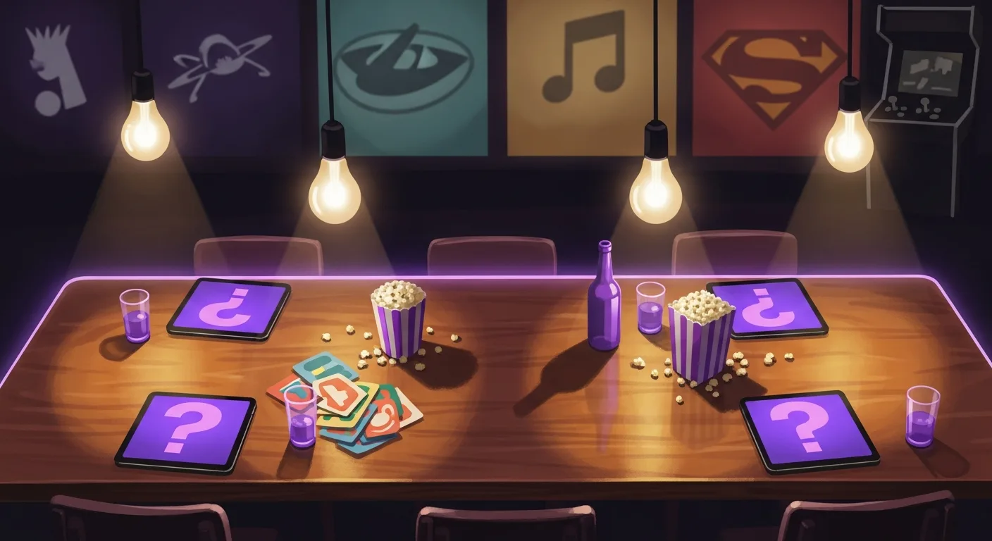 Stylized trivia-night atmosphere with hinted pop-culture icons in the background
