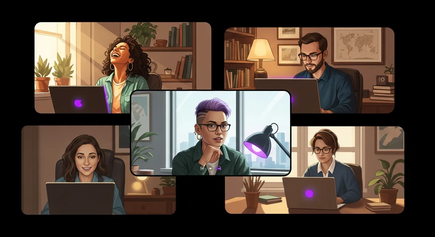 Remote professionals working in their home offices, connected via a video call grid, mid-laughter mid-task