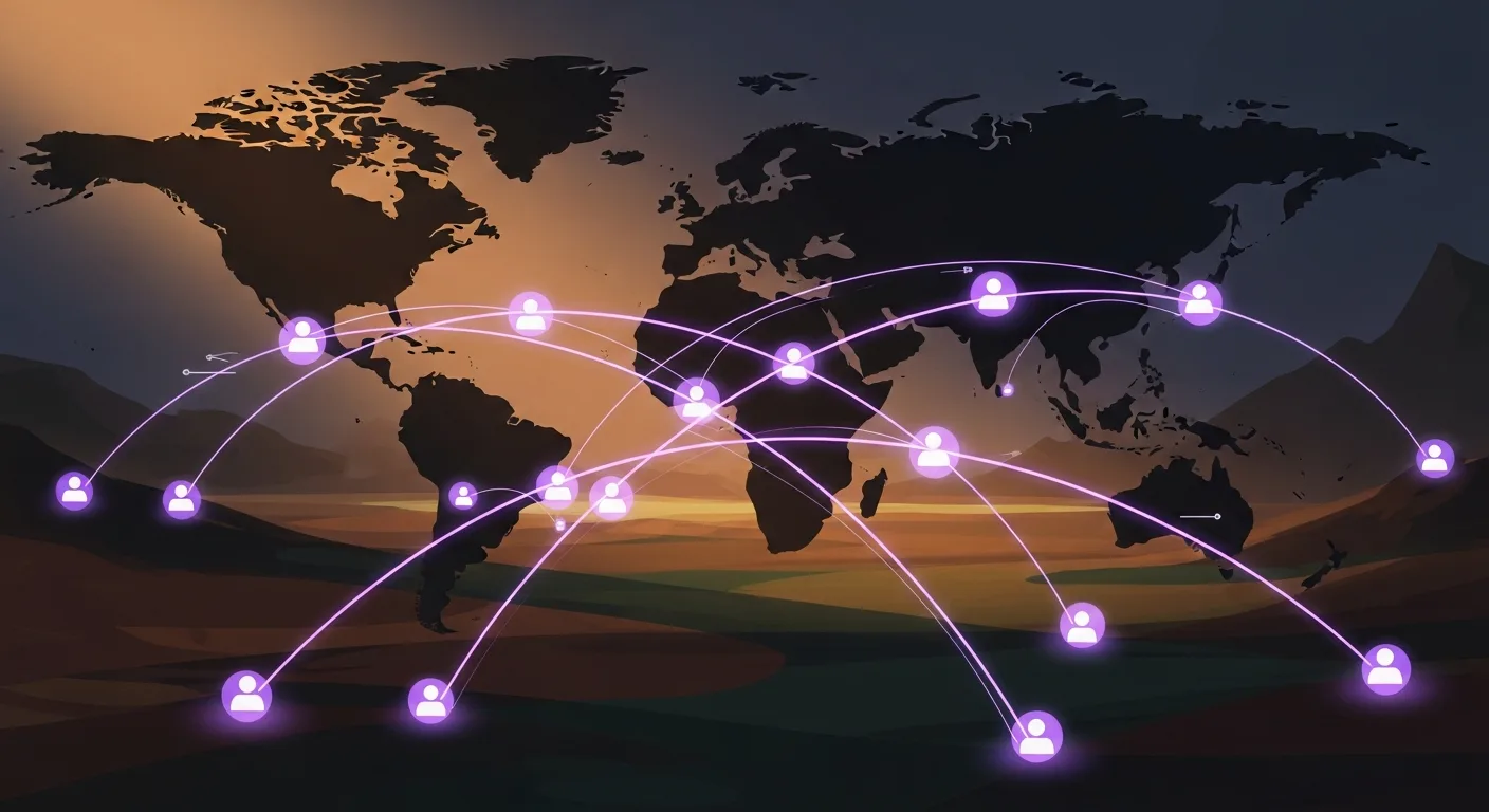 Abstract spatial composition suggesting global teamwork across distance, graceful arcs connecting continent silhouettes with glowing nodes