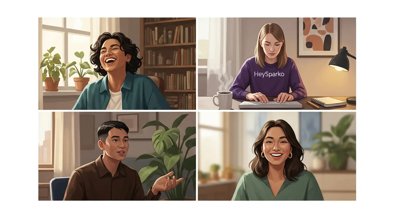 Diverse remote professionals on a video call from their home offices, mid-laughter during an online team event
