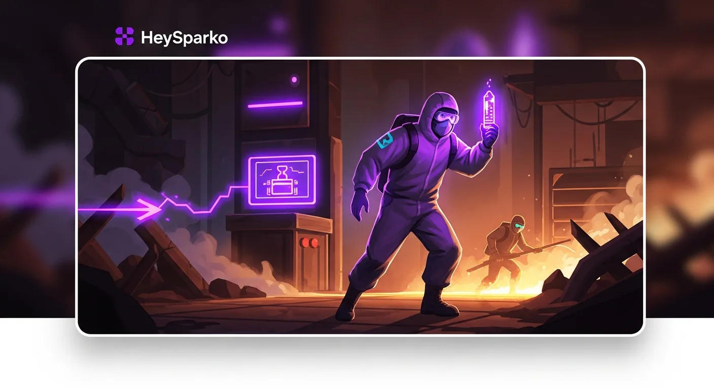 Stylized post-apocalyptic team-building game scene with neon-lit emergency atmosphere representing an urgent cooperative mission