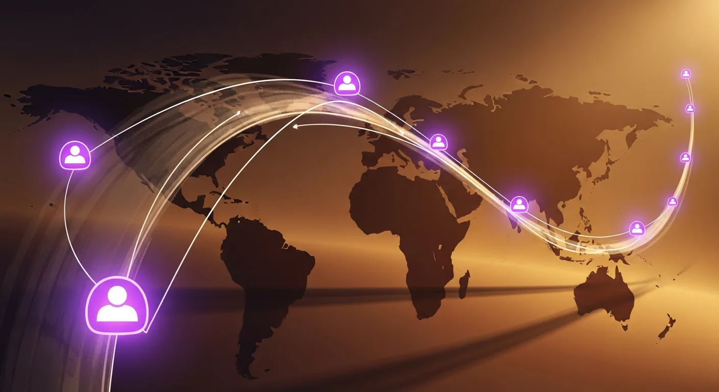 Abstract spatial composition suggesting global teamwork — graceful curves connecting continent silhouettes, glowing nodes representing distributed teams