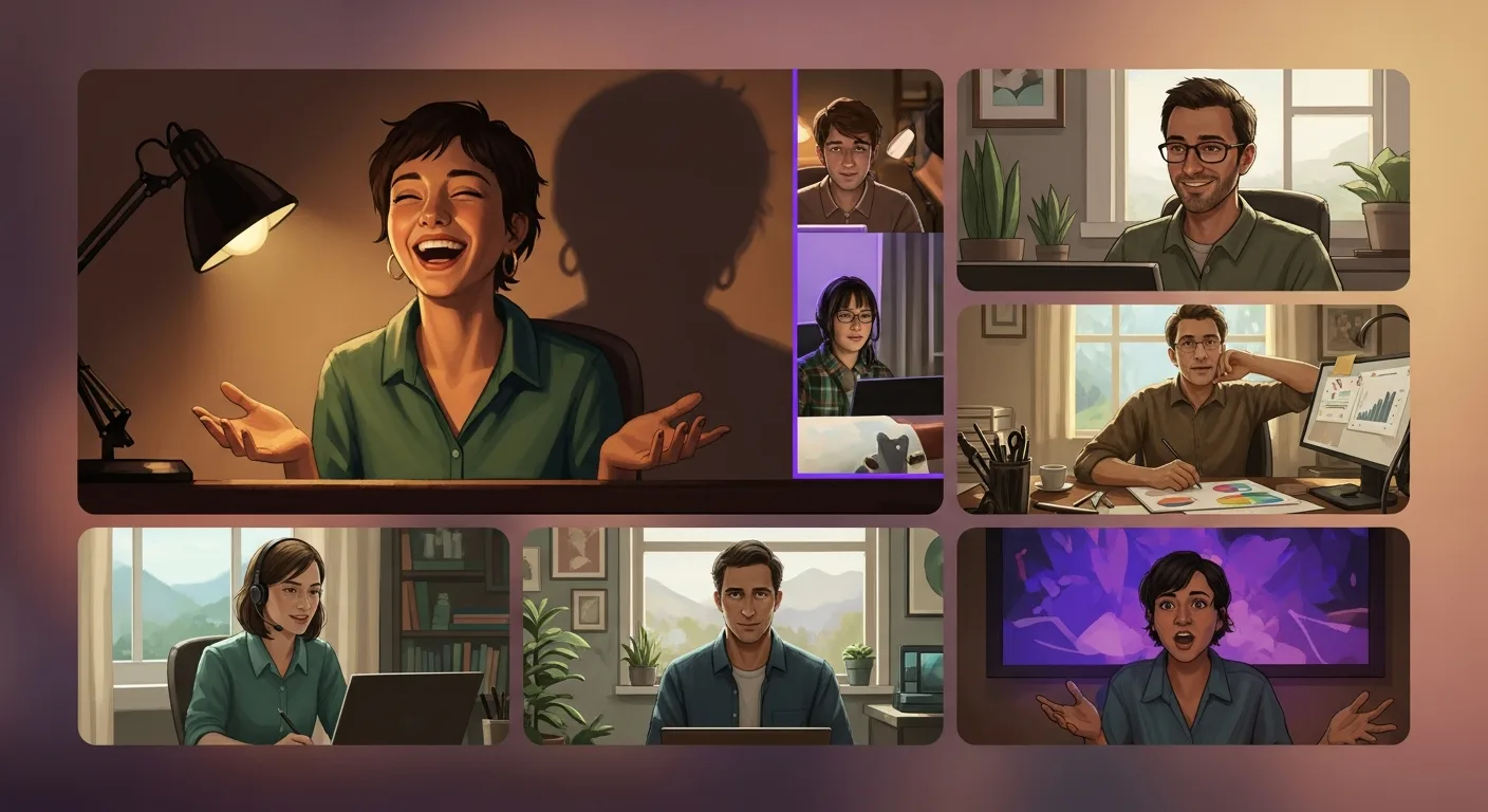 A small group of diverse remote professionals in their home offices, visible on a video-call grid, mid-laughter or mid-task. Soft natural light.