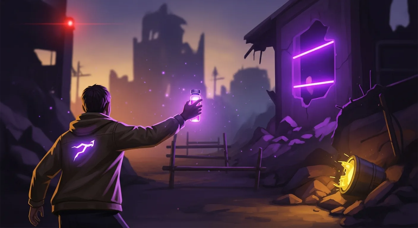 A stylized team-building game scene representing a post-apocalyptic vaccine race, neon-lit emergency atmosphere, stylized not gory. Cinematic composition.