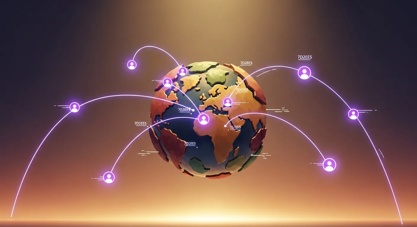 An abstract spatial composition suggesting global teamwork across distance — graceful curves arcing between continent silhouettes, glowing nodes representing team members.