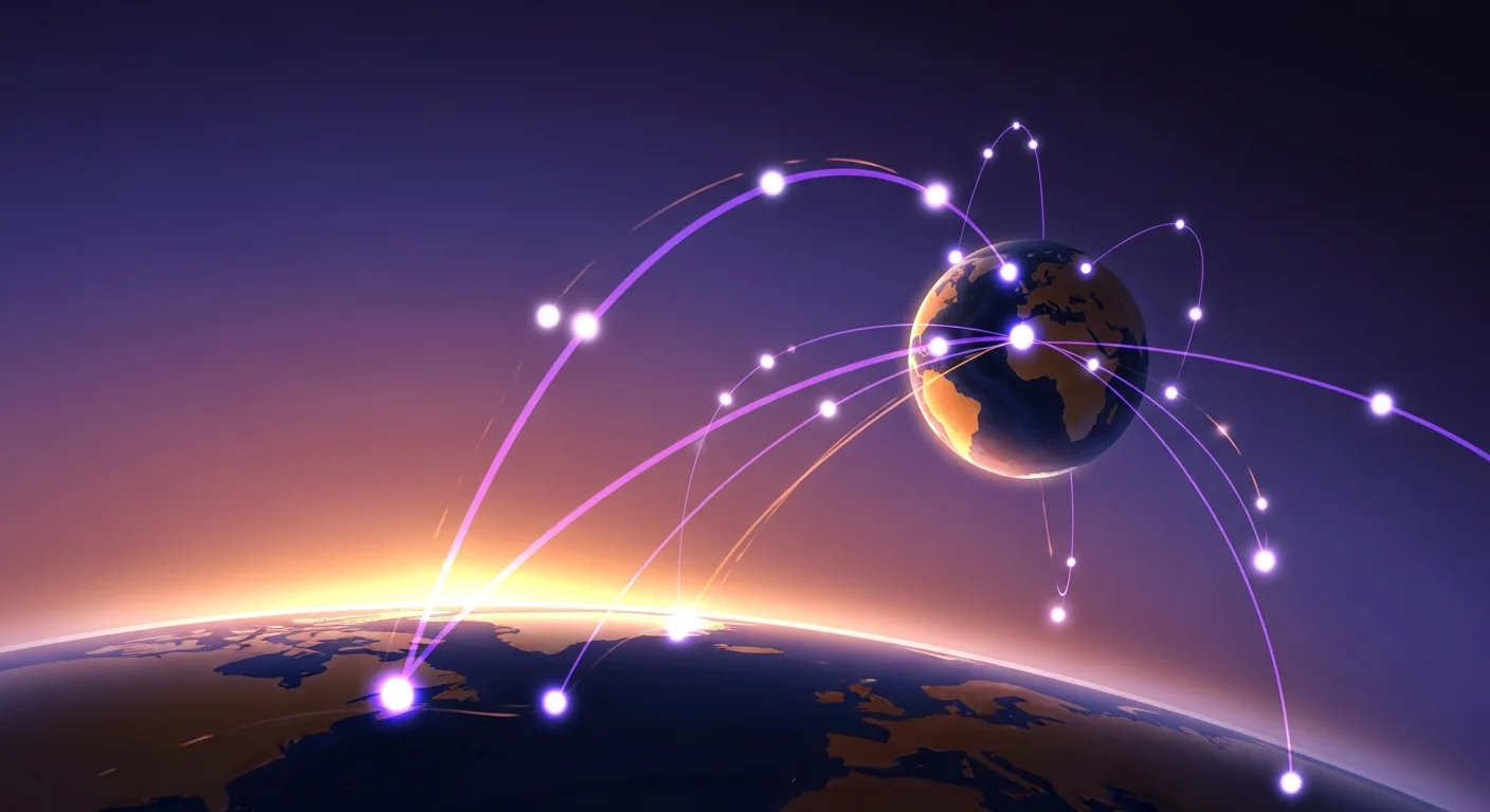 An abstract spatial composition suggesting global teamwork — graceful arcs connecting continent silhouettes with glowing network nodes