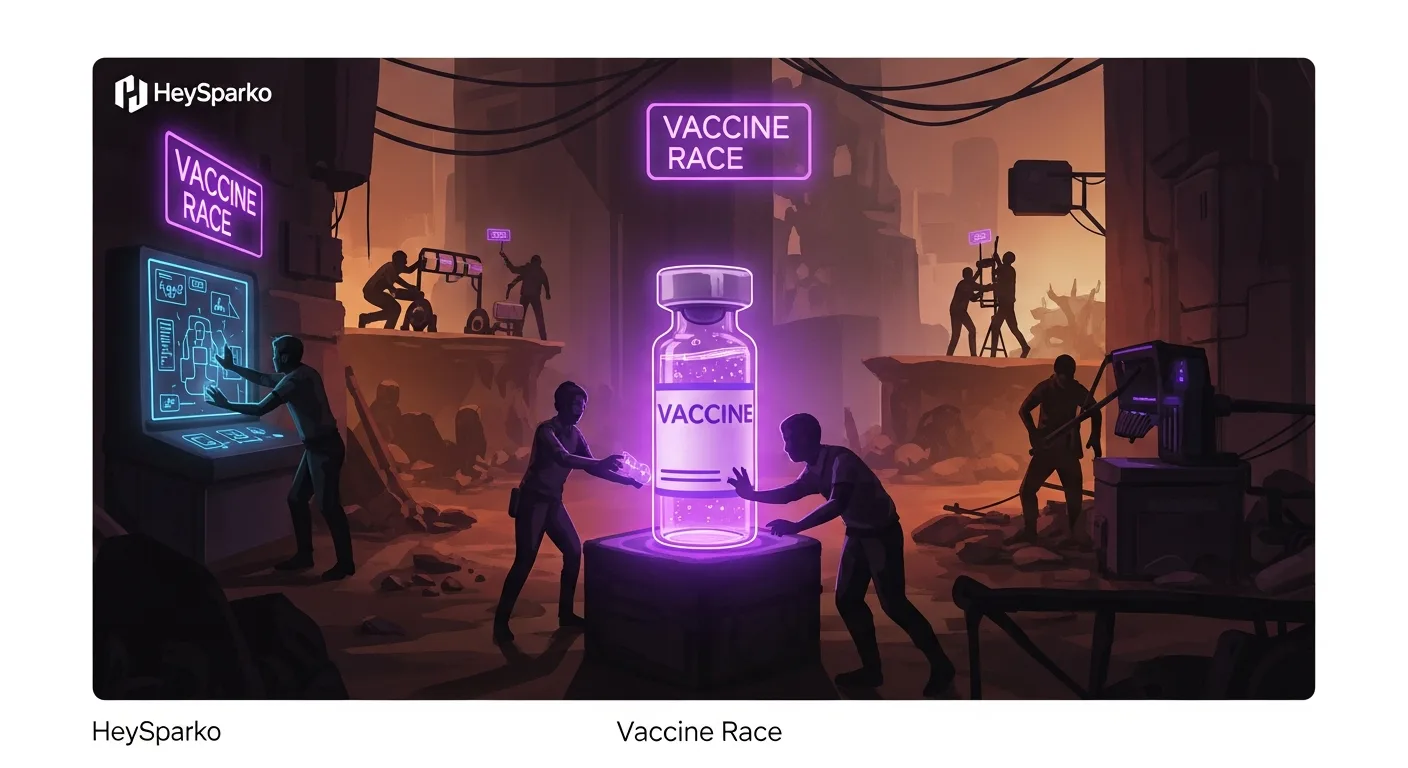 Stylized post-apocalyptic team-building scene with neon-lit emergency atmosphere