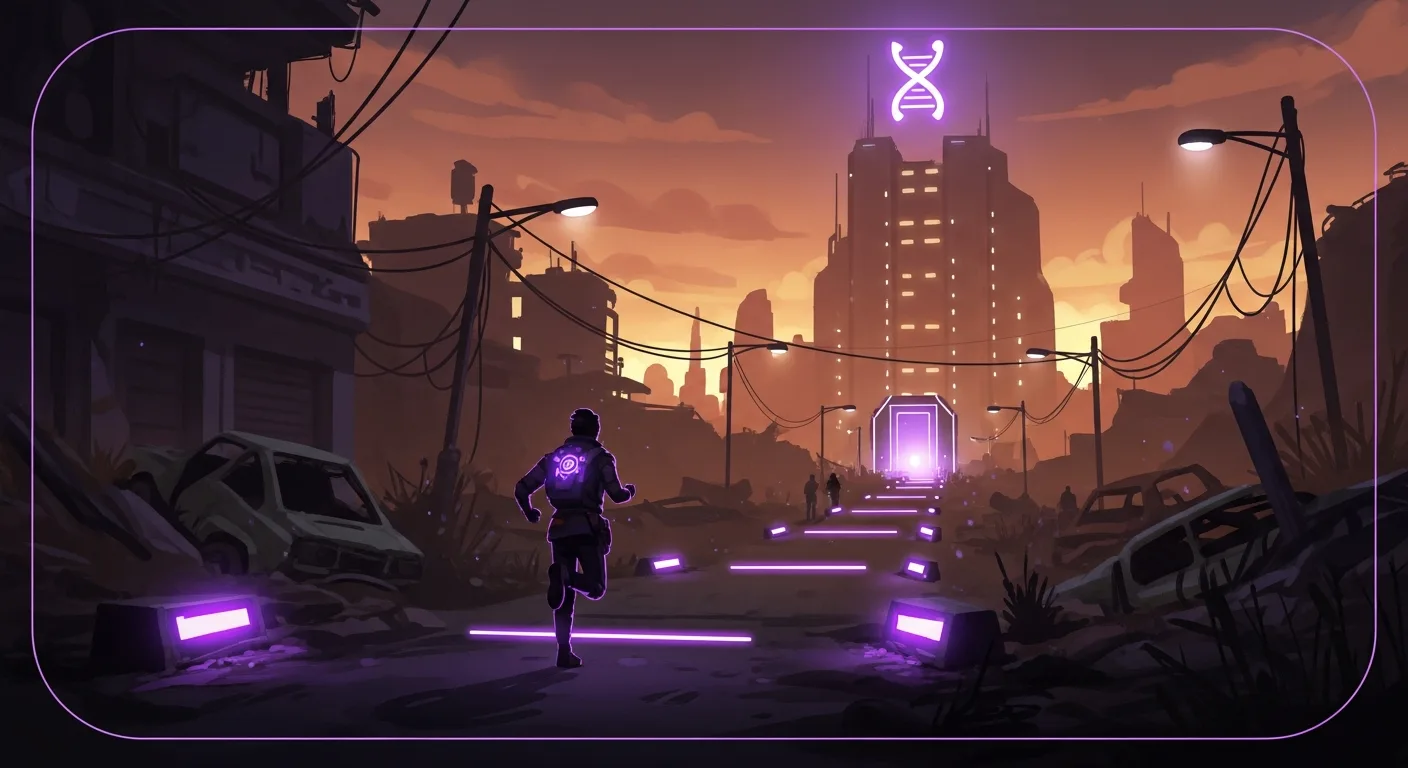 A stylized post-apocalyptic team mission scene with neon-lit emergency atmosphere