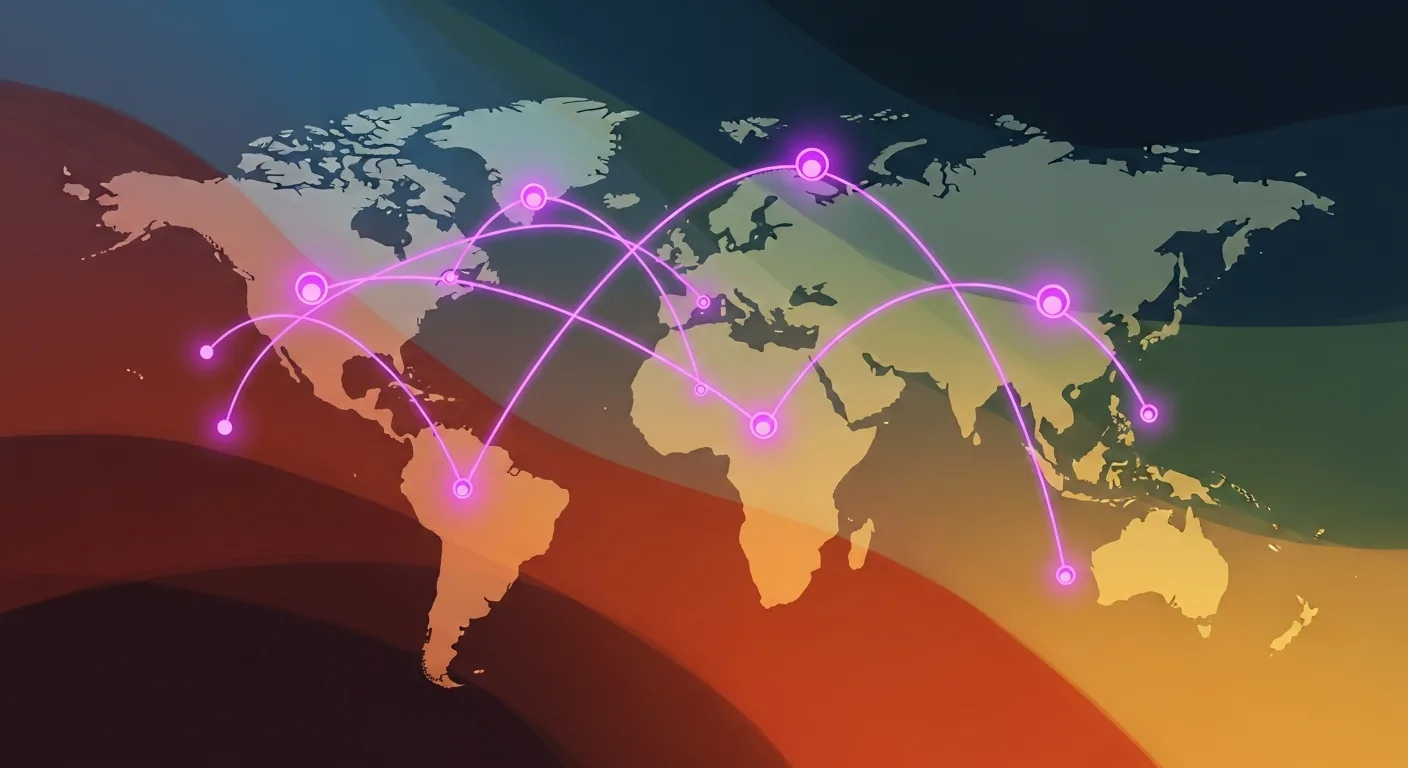 Global team spanning continents with glowing network lines