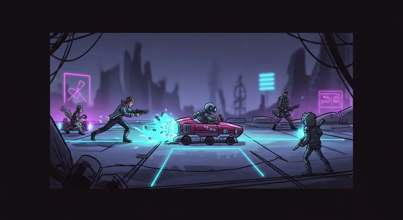 Post-apocalyptic vaccine race scene, neon-lit emergency atmosphere, stylized concept art