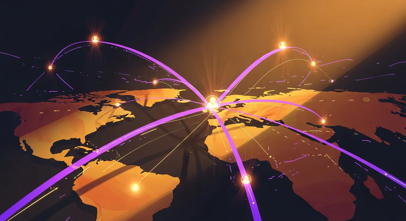 Abstract composition showing global teamwork across distance, glowing arcs between continent silhouettes