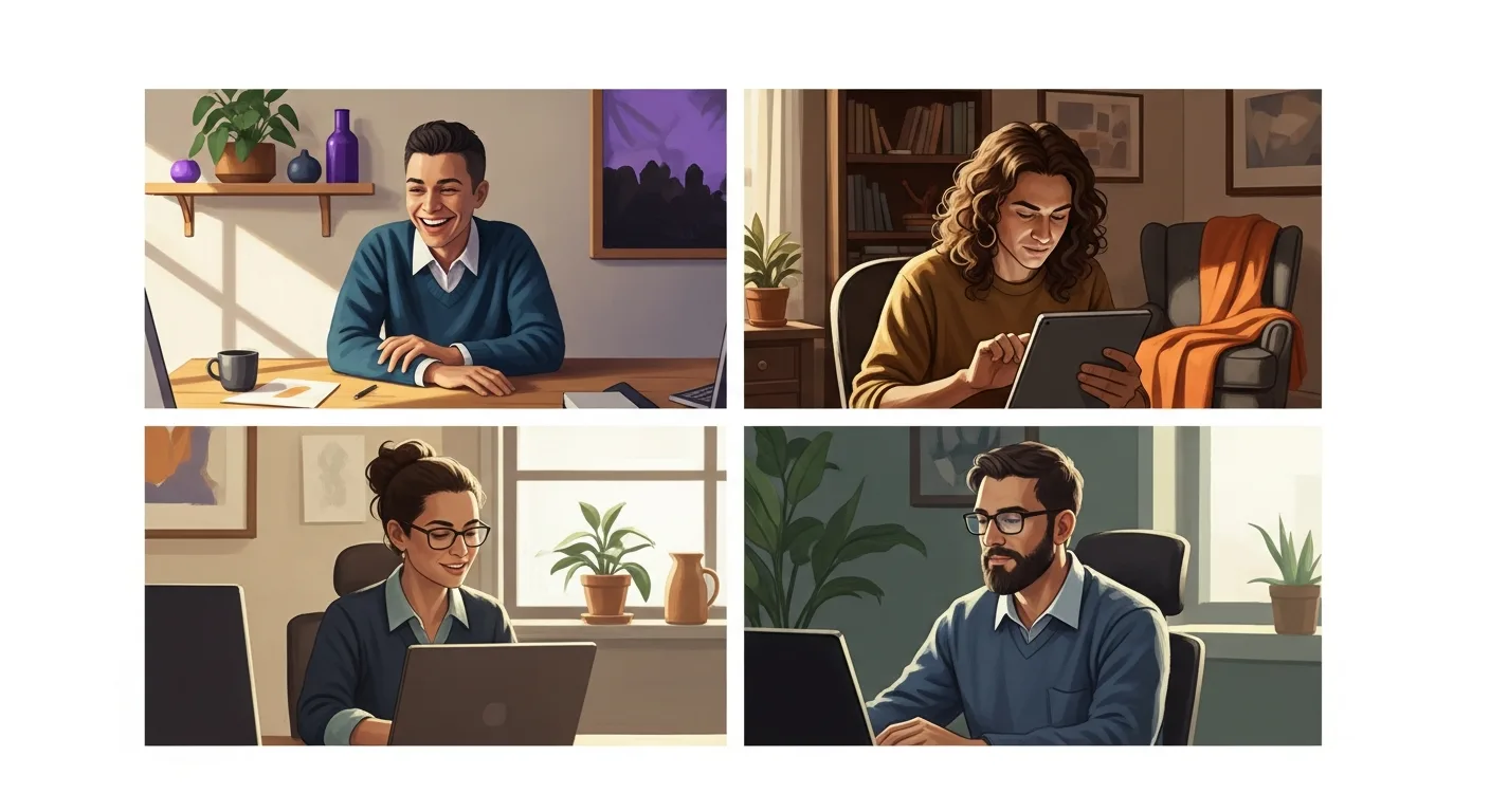 Diverse remote professionals visible on a video-call grid, mid-task and mid-laughter, soft natural light