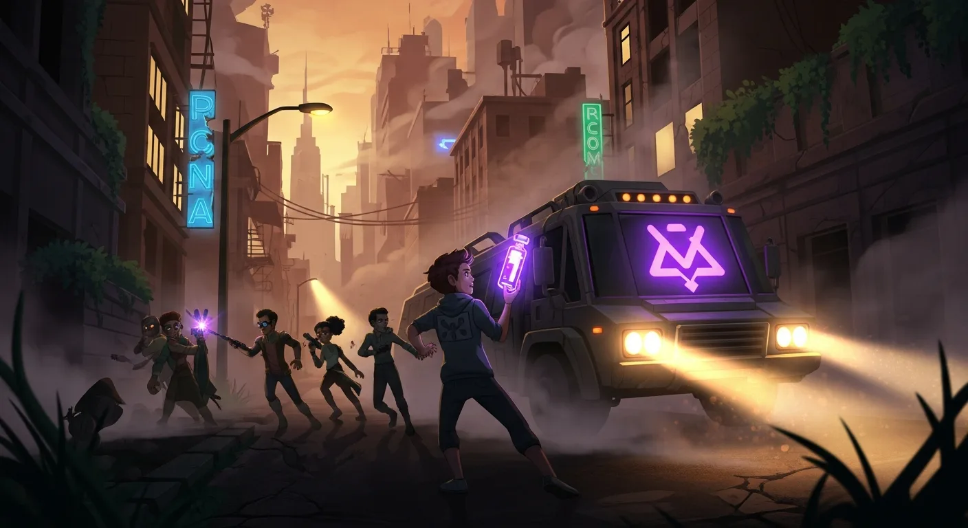 Stylized post-apocalyptic scene, vaccine race mission, neon emergency atmosphere, cinematic and stylized