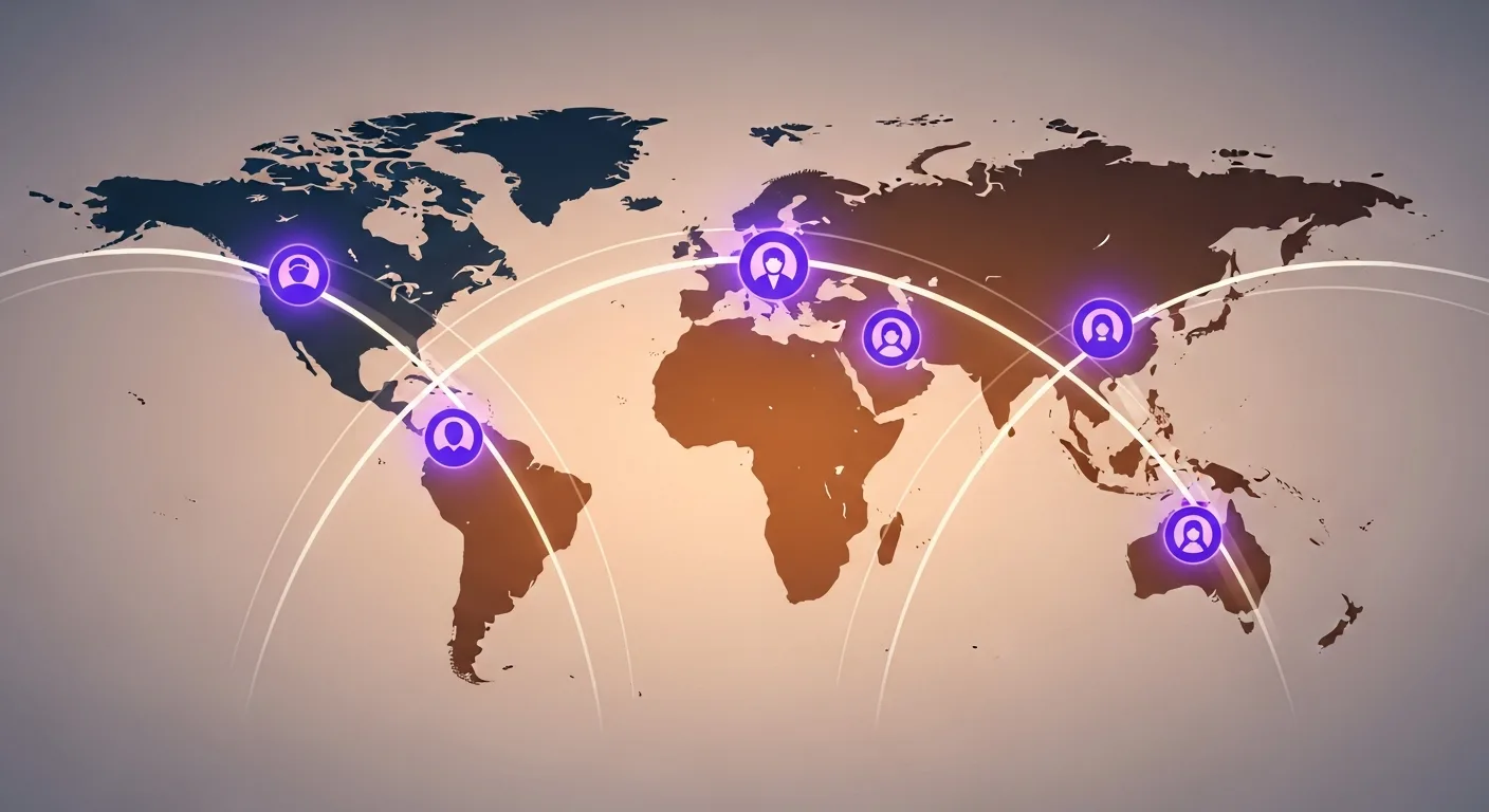 Abstract spatial composition suggesting global teamwork across distance, with graceful curves between continent silhouettes and glowing connection nodes