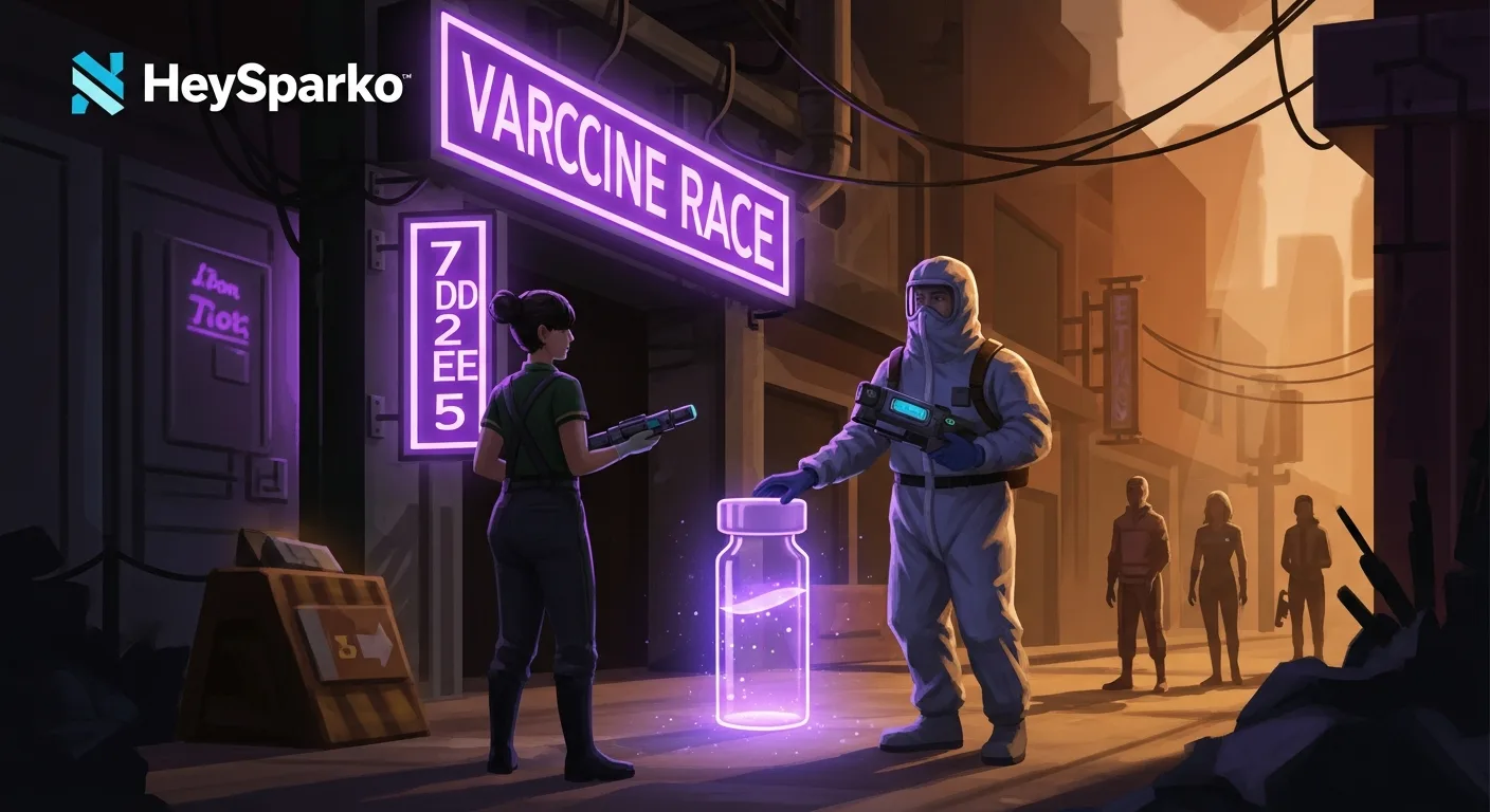 A stylized team-building game scene representing a post-apocalyptic vaccine race, neon-lit emergency atmosphere.