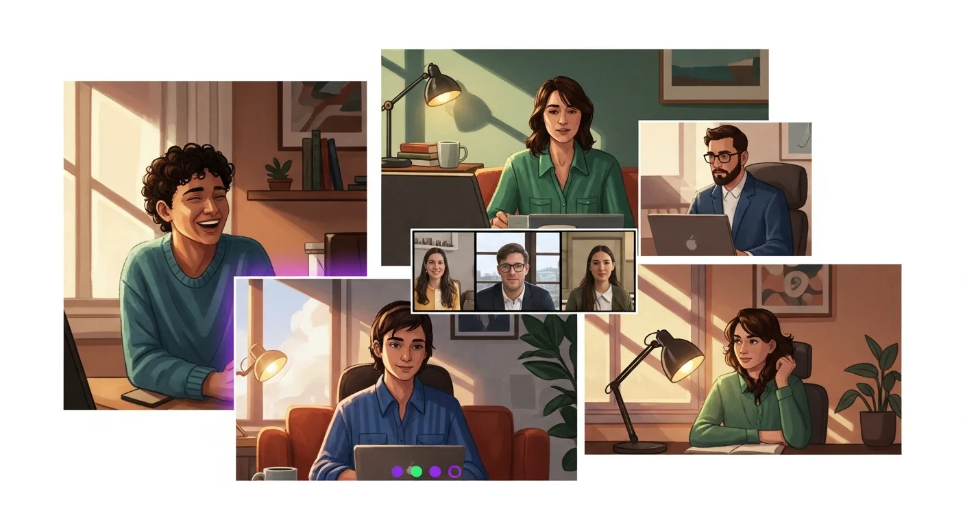 A small group of diverse remote professionals in their home offices, visible on a video-call grid, mid-laughter or mid-task. Soft natural light.
