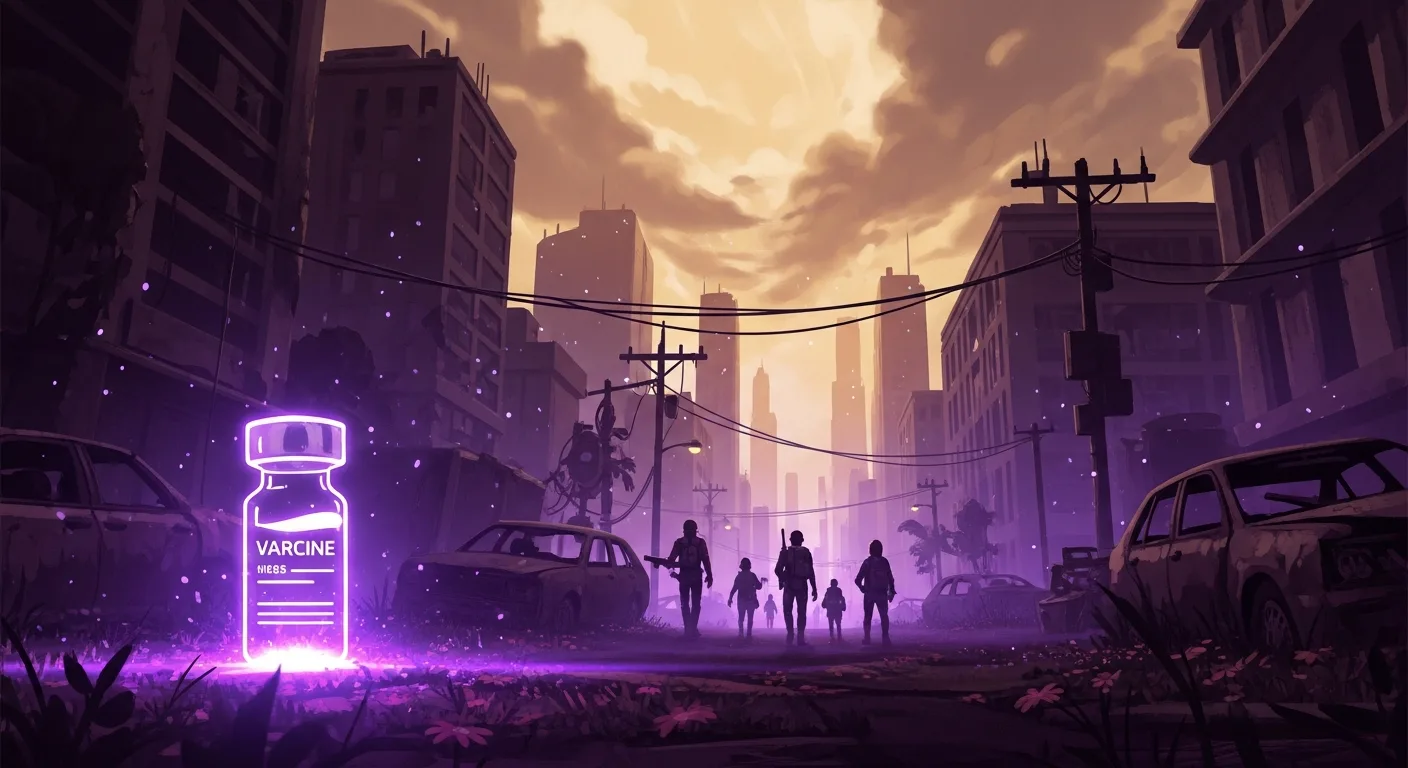 A stylized team-building game scene representing a post-apocalyptic vaccine race, neon-lit emergency atmosphere, stylized not gory. Cinematic.