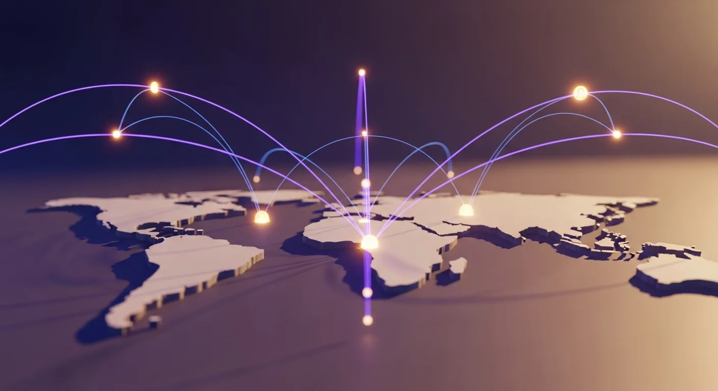 An abstract spatial composition suggesting global teamwork across distance — graceful curves arcing between continent silhouettes, glowing nodes representing team members.