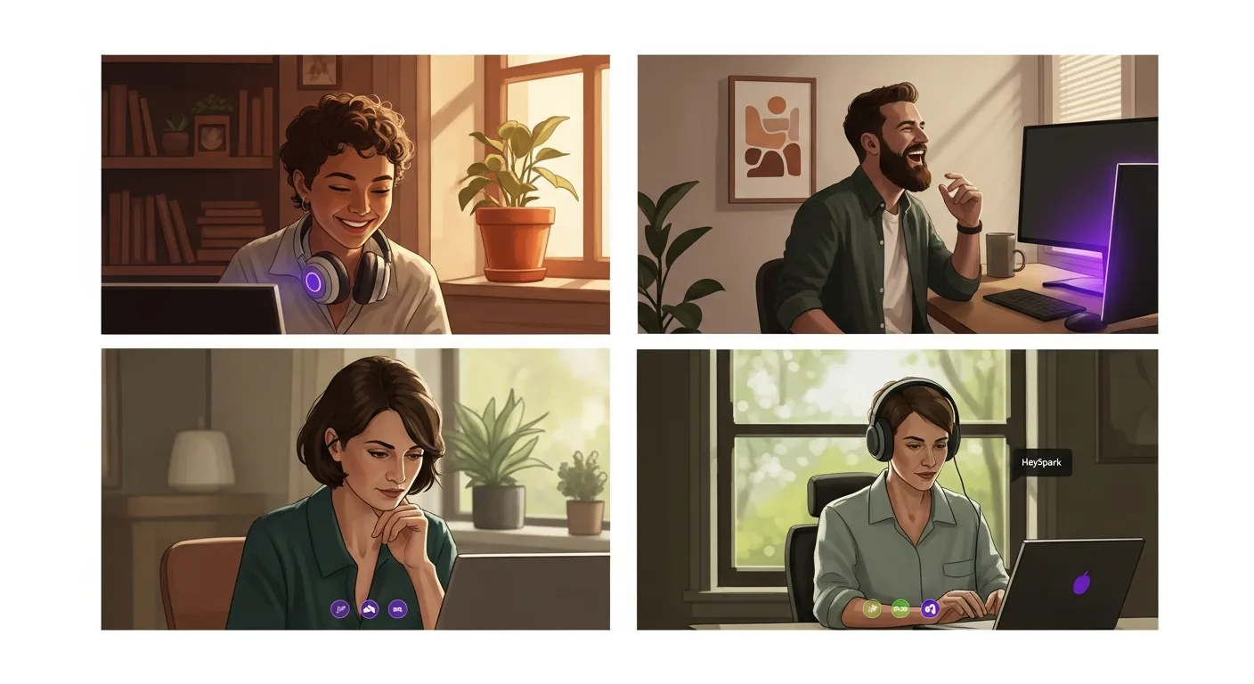 A small group of diverse remote professionals in their home offices, visible on a video-call grid, mid-laughter or mid-task.