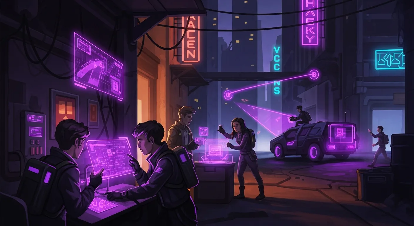 A stylized team-building game scene representing a post-apocalyptic vaccine race, neon-lit emergency atmosphere.