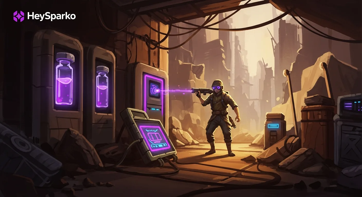 A stylized team-building game scene representing a post-apocalyptic vaccine race, neon-lit emergency atmosphere.