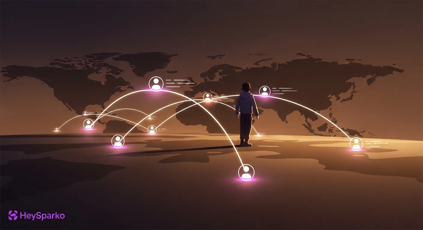 An abstract spatial composition suggesting global teamwork across distance — graceful curves arcing between continent silhouettes.