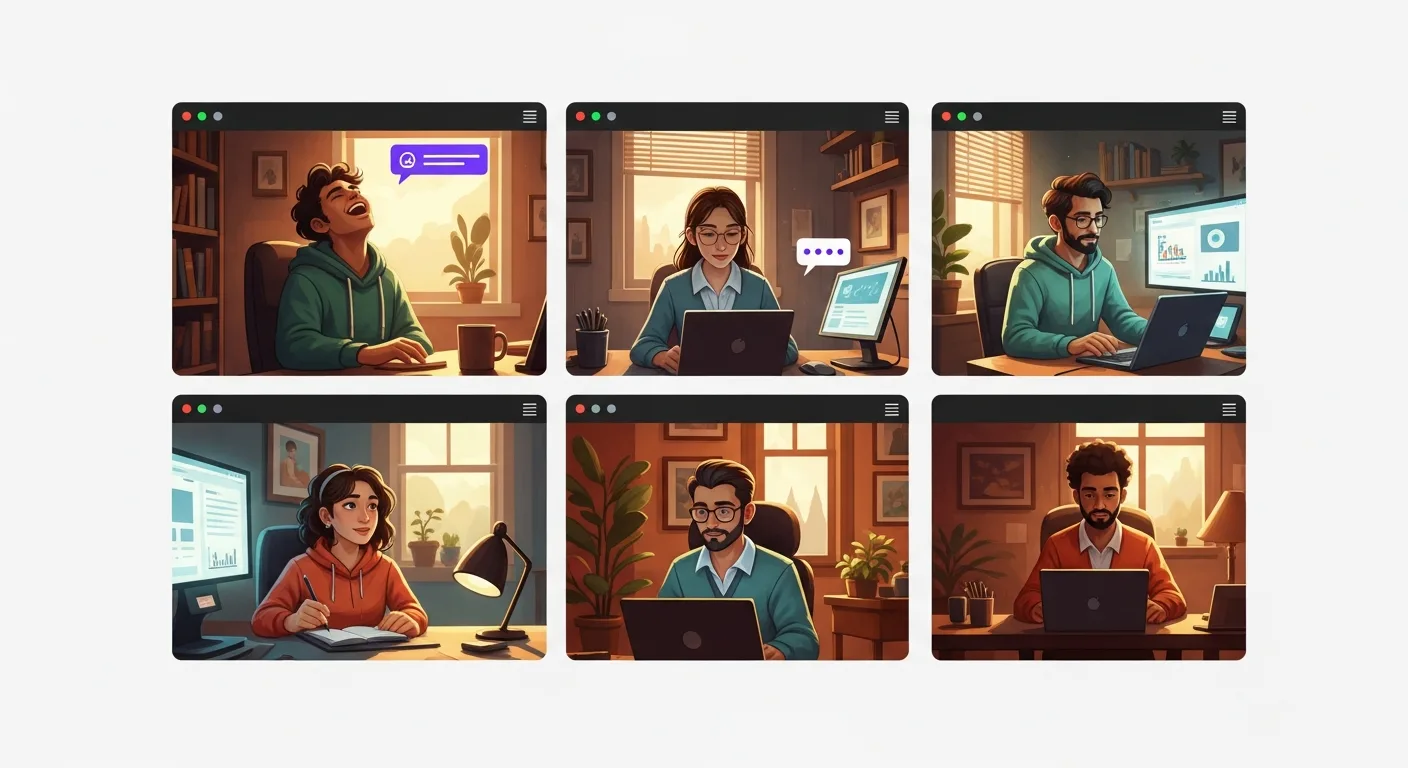 Remote team members visible on a video-call grid, laughing and engaged during a virtual activity