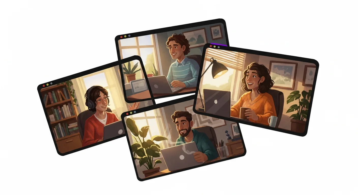 Remote professionals visible on a video-call grid, mid-laughter and mid-task
