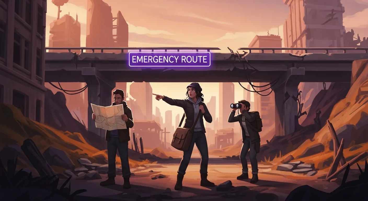 Stylized team-building game scene with a post-apocalyptic vaccine race atmosphere and neon-lit emergency tension
