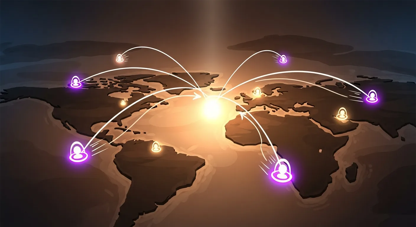 Abstract composition suggesting global teamwork across distance, with glowing nodes arcing between continents