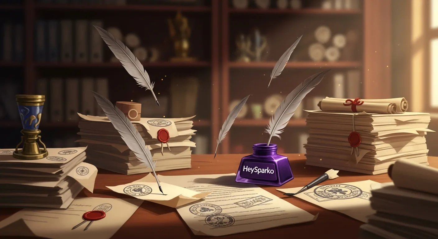 Team-building scene in a whimsical magical bureau, stamped paperwork and floating quills