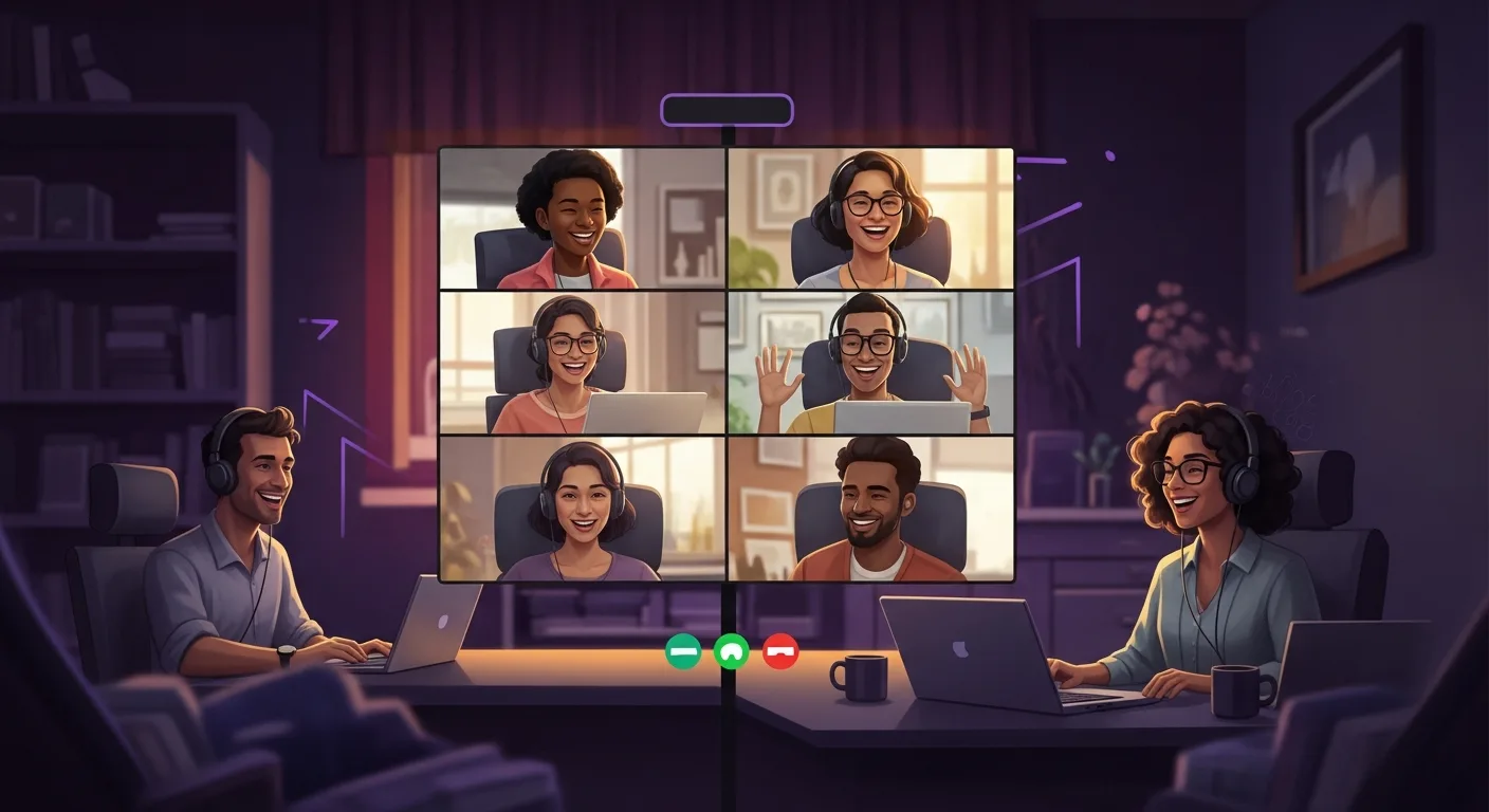 Diverse remote teammates collaborating on a video call grid, examining evidence, mid-discussion