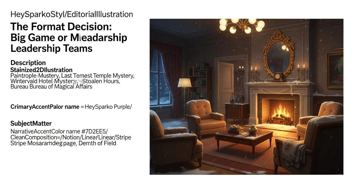 A stylized team-building game scene representing an elegant snowbound hotel with a hint of mystery, Agatha Christie style, mid-century interior